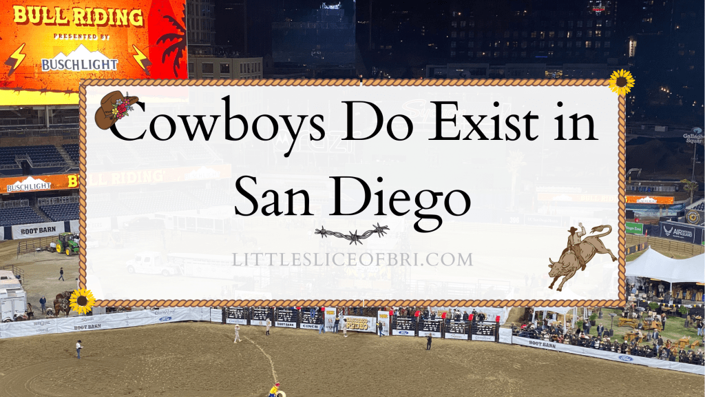 An image of the blog title "Cowboys do exist in san diego" with a background of petco park's dirt field and the rodeo clown climbing into his barrel.