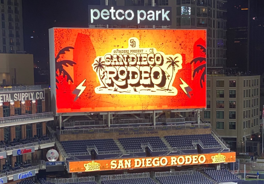 an image of the jumbotron at petco park displaying the san diego rodeo logo.