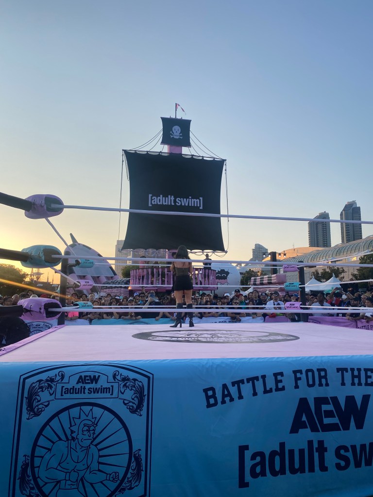 A picture of the AEW ring with the Adult Swim pirate flag in the background at sunset.